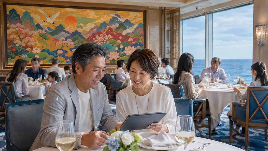 海を望む上質なダイニングシーンの画像