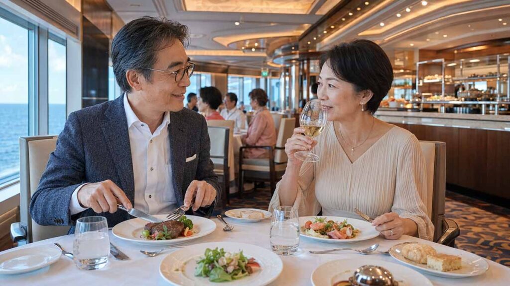 クルーズ船のビュッフェで食事をする夫婦の画像