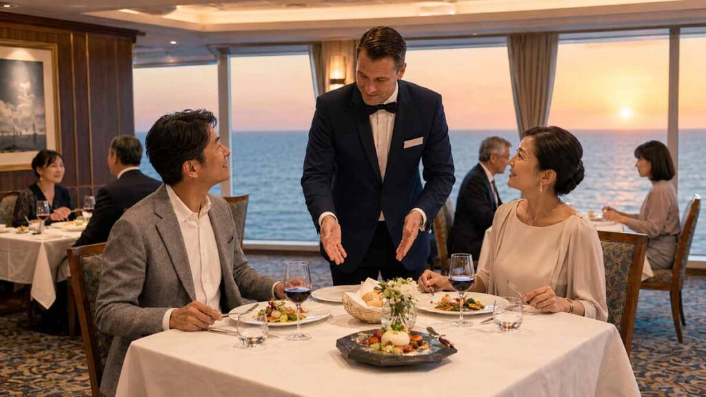 スタッフから料理の説明を受ける夫婦の画像