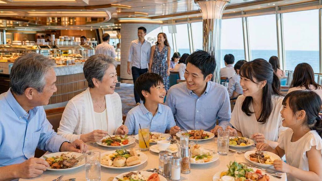 三世代家族がビュッフェで食事を楽しんでいる画像