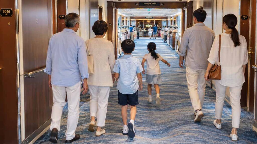 クルーズ船の廊下を歩く家族の画像