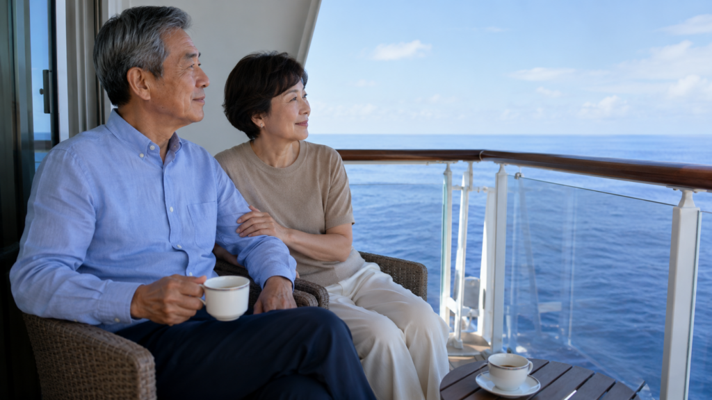クルーズ船のバルコニーから海を眺める夫婦の画像