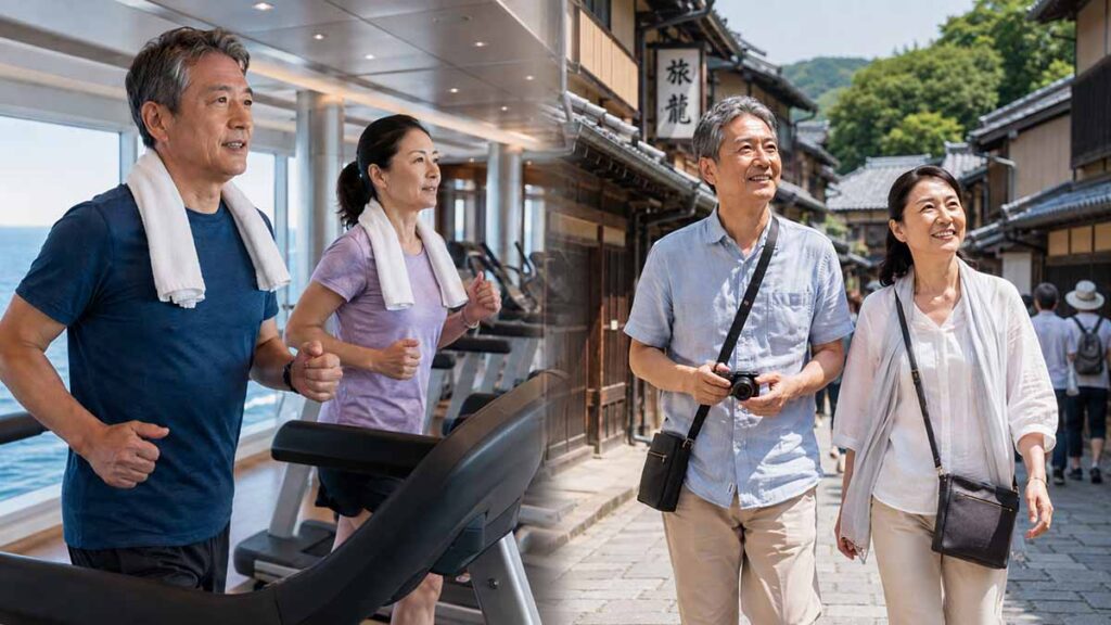 ランニングマシンで走る夫婦と観光地を歩く夫婦の画像