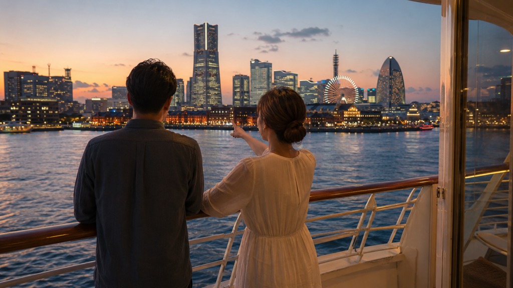 クルーズ船のバルコニーから横浜の夕景を眺める夫婦の画像