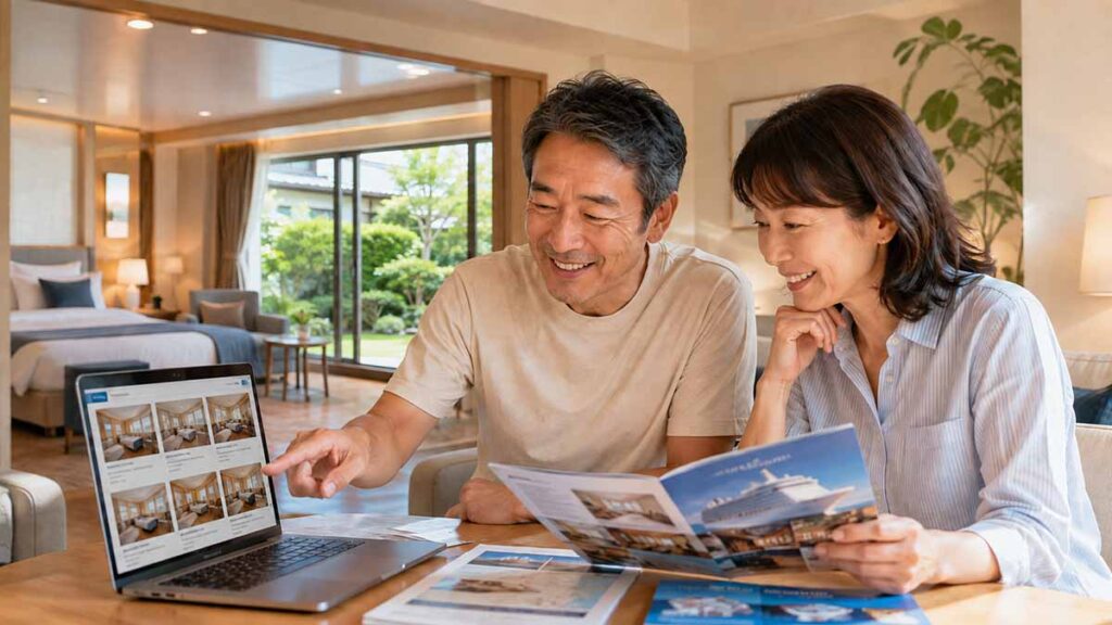 自宅のリビングでクルーズ船の客室を選ぶ夫婦の画像