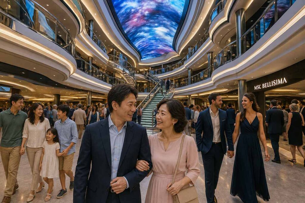 クルーズ船のシンボル的なフロアを歩く夫婦の画像