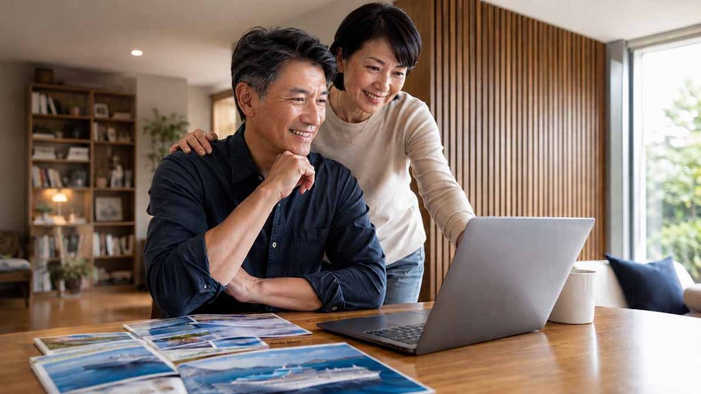 MSCベリッシマの予約方法をパソコンで調べる夫婦