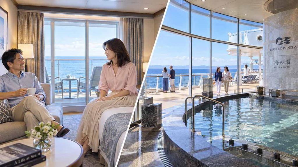 客室でくつろぐ夫婦と大浴場の画像