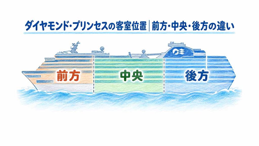 ダイヤモンド・プリンセスの前方・中央・後方を示した位置図
